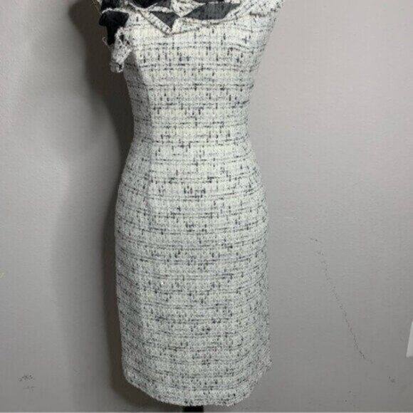 Kay Unger Tweed Sleeveless Floral Appliqué and Ruffle Neckline Sheath Dress - Picture 11 of 16